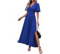 LUVCES Vestito Donna Elegante da Sera Scollo a V Tinta Unita a Pieghe Abito Lungo Casual Manica a Farfalla Spacchi Cerimonia Abiti Maxi Estivo Vestito Blu Reale L