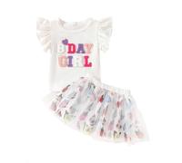 LUVCES Vestito per Compleanno Bambina Lettere Ricamo Maglietta +Colorito Tutù Gonna in Tulle 2Pcs Estivi Vestiti Set per Compleanno Bambini Bambine Bianco BDAY GIRL 2-3 Anni