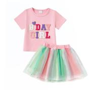 LUVCES Vestito per Compleanno Bambina Lettere Ricamo Maglietta +Colorito Tutù Gonna in Tulle 2Pcs Estivi Vestiti Set per Compleanno Bambini Bambine Rosa BDAY GIRL 5-6 Anni