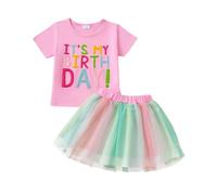 LUVCES Vestito per Compleanno Bambina Manica Corta Ricamata Maglietta+ Colorate Tutù Gonne Set di Vestiti Estivi per Feste di Compleanno Bambine Rosa IT'S MY BIRTHDAY 1-2 Anni