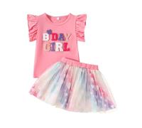 LUVCES Vestito per Compleanno Bambina Manica Corta Ricamata Maglietta+ Colorate Tutù Gonne Set di Vestiti Estivi per Feste di Compleanno Bambine Rosa BDAY GIRL 1-2 Anni
