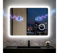 LUVODI 80x60cm Bluetooth Ora Data Specchio Bagno Led Luce Ingranditore 3X Antiappannamento 3000K-6000K Dimmerabile 3 Colori Luce Funzione memoria Specchio in Resina Specchio Retroilluminato Bagno