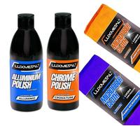 Lux Metal - Chrome Polish Lucidante per Cromature 250 Gr Pasta abrasiva lucidatura ideale per cromo rimuovi graffi ossido ruggine lucida auto carrozzeria moto barca (2 Polish + Panni Microfibra)