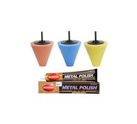 Lux Metal - Kit Lucidante 3 Coni Spugna (Arancio, Blu, Giallo) + 1 Metal Polish Autosol - Pulizia e Lucidatura di Cromature, Vernici, Metalli e Alluminio per Finitura Perfetta