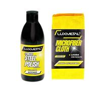 Lux Metal - Stainless Steel Polish Lucidante per Acciaio Inox 250 gr Pasta abrasiva lucidatura per acciaio inox lucida pulisce protegge rimuovi graffi auto moto carrozzeria (Polish + Panno Microfibra)