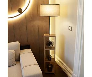 lux.pro Lampada da Terra - Altezza 150 cm - Piantana con Paralume Cilindrico in Tessuto Beige e Base a Scaffale Portaoggetti in MDF effetto Legno