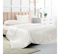 Luxbedding Set di lenzuola in raso, lenzuola in seta bianca, 4 pezzi, morbido lenzuolo con angoli con tasca profonda, 1 lenzuolo piatto, 2 federe