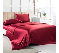 Luxbedding Set di lenzuola per letto queen size, lenzuola in seta rossa, 4 pezzi, morbide, con 1 lenzuolo con angoli con tasca profonda, 1 lenzuolo piatto, 2 federe