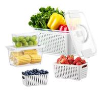 Luxear Set di 3 Contenitori per Frutta Verdura con Coperchio e Scolapasta, Riutilizzabile, Set Organizer per Frigorifero da 4L+1,7L+0,5L, Contenitore Senza BPA, Lavabili in Lavastoviglie, Bianco