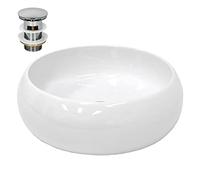 LuxeBath Lavabo da Appoggio in Ceramica Bianco Tondo Ø 350 x 120 mm Design Moderno Lavabo Moderno d'Appoggio Ceramica Lavandino Lavamano con Set di Scarico Lavabile 1 1/4" Piletta in Ottone Cromato