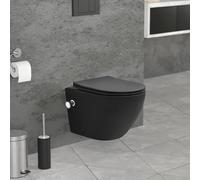 LuxeBath WC Sospeso Senza Bordo in Ceramica Nero con Funzione Bidet e Sedile Soft-Close in Duroplast Chiusura Ammortizzata Sciacquone Tornado Vaso Toilette Design Moderno con Materiale di Montaggio