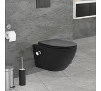 LuxeBath WC Sospeso Senza Bordo in Ceramica Nero con Funzione Bidet Sedile Soft-Close in Duroplast Chiusura Ammortizzata Sciacquone Tornado Vaso Toilette Design Moderno con Materiale per il Montaggio