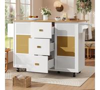 Luxeza Isola da cucina, mobile da cucina, armadietto da cucina, a buffet, carrello da cucina estraibile con ruote, porta asciugamani, portaspezie, ripiani regolabili, bianco, 120 x 73 (45) x 93 cm