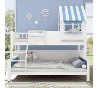 Luxeza Lettino a castello, culla con vano portaoggetti, con scala obliqua a tre livelli, forma unica finestra, lavagna graffiti sul lato, in pino + MDF, bianco + blu, 90 x 200 cm e 120 x 200 cm