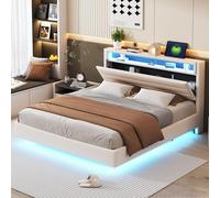 Luxeza Letto imbottito con presa USB e luce LED, testiera reversibile, poggiapiedi nascosto, letto doppio piano, letto per ragazzi (tessuto di lino beige, 160 x 200 cm)