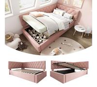 Luxeza Letto imbottito per il giorno, 90 x 190 cm, divano letto con vano idraulico, letto per bambini, con rete a doghe in legno, velluto, senza materasso (rosa)