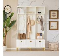 Luxeza Set appendiabiti con panchina, multifunzionale, portaoggetti aperto, 6 ganci e piedi dorati, adatto per corridoio, soggiorno, B120/D40/H191,5 cm (bianco)