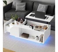 Luxeza Tavolino da caffè regolabile in altezza con spazio nascosto, tavolino con luce a LED, tavolo da soggiorno con cassetto, tavolo da divano, 100 x 50 x 40 cm (bianco)