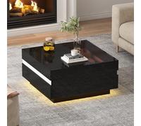 Luxeza Tavolo da tè quadrato con LED, tavolino da caffè lucido con 2 cassetti, tavolino da salotto, tavolino in vetro temperato, tavolino con design geometrico 70 x 70 x 36 cm