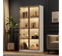 Luxeza Vetrina in vetro con illuminazione a LED a 16 colori, doppia porta con ripiani mobili, armadietto alto per soggiorno, vetrina da bagno, 80 x 40 x 160 cm