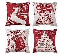 LuxFocus - Set da 4 federe per cuscino, motivo natalizio, tela artistica, rosso, per Natale, cuscino decorativo, fodera per cuscino, albero di Natale, renna, per divano, soggiorno, camera da letto, 45