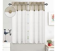 LuxFocus Set di 2 tende patchwork piccole con bottoni, decorazione a metà corta, ariose, effetto lino, 2 x 69 cm x 114 cm, beige