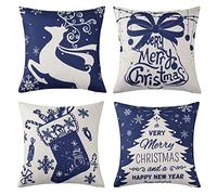 LuxFocus Set di 4 federe per cuscini natalizi, 45 x 45 cm, in cotone e lino, con fiocco di neve, decorazione per la casa, 45 x 45 cm, confezione da 4