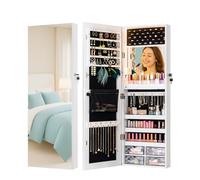 LUXFURNI Specchio con luci a LED per gioielli, montaggio a parete o da appendere alla porta, specchio a figura intera da 106,7 cm con contenitore, specchio per trucco integrato, organizer per gioielli