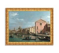 LuxHomeDecor Canaletto - Venezia con chiesa rosa e gondole - Quadro stampa su tela effetto dipinto con cornice in legno oro classico - 90x70 cm