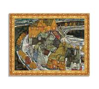 LuxHomeDecor Egon Schiele - Case con tetti rossi - Quadro stampa su tela effetto dipinto con cornice in legno oro classico - 90x70 cm