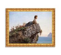 LuxHomeDecor Francesco Paolo Michetti - Fanciulla sullo scoglio - Quadro stampa su tela effetto dipinto con cornice oro classico - 110x85 cm