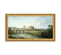 LuxHomeDecor Gaspar Van Wittel - Vista del Castel Sant'Angelo Roma - Quadro stampa su tela effetto dipinto con cornice in legno oro classico - 110x60 cm