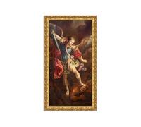 LuxHomeDecor Guido Reni - San Michele sconfigge Satana - Quadro stampa su tela effetto dipinto con cornice in legno oro classico - 80x45 cm