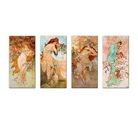 LuxHomeDecor Quadri Alfons Mucha Le Quattro Stagioni Four Seasons 4 Pezzi 40x20 cm Stampa su Tela con Telaio in Legno Arte arredo