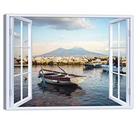 LuxHomeDecor Quadro Finestra Napoli Vesuvio 100x75 cm Stampa su Tela con Telaio in Legno Arredamento Arte Arredo Moderno