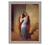 LuxHomeDecor Quadro Stampa su Tela Francesco Hayez The Kiss con Cornice in Legno Argento Classico Misura 83x63 CM