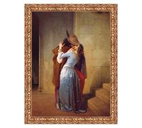 LuxHomeDecor Quadro Stampa su Tela Francesco Hayez The Kiss con Cornice in Legno Oro Classico Misura 83x63 CM