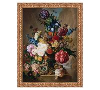LuxHomeDecor Quadro Stampa su Tela Jan Van OS Poppies, Peonies And Other Flowers in a Terracotta Vase con Cornice in Legno Oro Classico Misura 93x73 CM