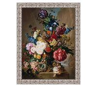 LuxHomeDecor Quadro Stampa su Tela Jan Van OS Poppies, Peonies And Other Flowers in a Terracotta Vase con Cornice in Legno Argento Classico Misura 83x63 CM