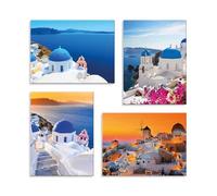 LuxHomeDecor Set 4 Quadri Santorini Grecia al Tramonto - Paesaggi Mediterranei - Stampa su Tela con Telaio in Legno