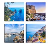 LuxHomeDecor Set di 4 quadri 30x30 cm - stampa su tela con telaio in legno - Costiera e Golfo di Napoli: Capri, Positano, Vesuvio