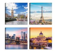 LuxHomeDecor Set di 4 quadri 30x30 cm - stampa su tela con telaio in legno - paesaggi urbani con Big Ben, Torre Eiffel, skyline di New York e San Pietro a Roma