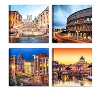 LuxHomeDecor Set di 4 quadri 30x30 cm - stampa su tela con telaio in legno - Roma: Colosseo, San Pietro, Piazza di Spagna e Fori Imperiali al tramonto