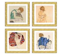LuxHomeDecor Set di 4 Quadri su Pannello - Egon Schiele - Effetto Rilievo 3D Materico con Cornice in legno, Colore Oro foglia - 30x30 cm