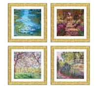 LuxHomeDecor Set di 4 Quadri su Pannello - stile impressionista francese - Claude Monet - Effetto Rilievo 3D Materico con Cornice in legno Oro foglia - 40x40 cm