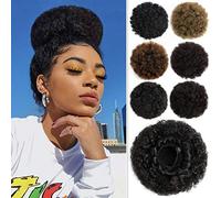 Luxiremi Afro Puff Drawstring Ponytail Hair Bun Extension Short Kinky Curly Sintic African Updo Hairpieces for Black Women Medium Size Dark Brown Tend to Black