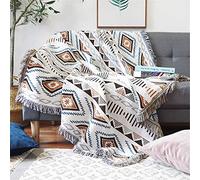 Luxlovery Coperta azteca in tessuto beige, tribale, stile Boheiman, etnico, bohémien, geometrico, bianco e kaki, per divano, letto, sedia oversize con nappe (160 x 218,4 cm)
