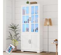 LUXOAK Armadietto portaoggetti a LED da 180,3 cm, vetrina con anta e ripiano regolabile, dispensa/libreria da cucina, per soggiorno, sala da pranzo e ufficio domestico, bianco, 4 ante