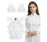 Luxorium Jabot e Maniche False in Pizzo Bianche, Set da 3 Pezzi, Kit Completo Pre-finato per Completare Abiti Medievali, Vampira e Steampunk Halloween Donna