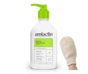 LUXPAKS Bath Glove bundled with Amlactn Moisturizing Lotion - Esfoliante Body Lotion with Lactic Acid for Smooth, Hydrated Skin